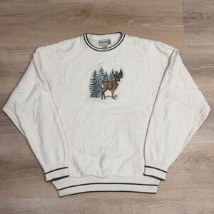 Fieldmaster Vintage Mens Large Deer Embroidered Textured Knit Sweater Cream L